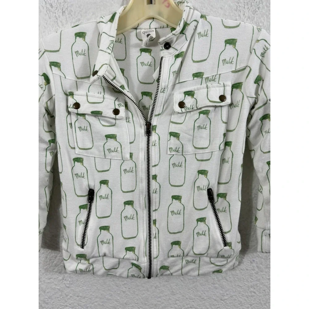 Quinn Jacket Girls 2T White Green Milk Bottle Print‎ Bamboo Zip Moto Sweatshirt